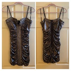 Bebe Silver/Gun Metal Studded Ruched Bodycon Mini